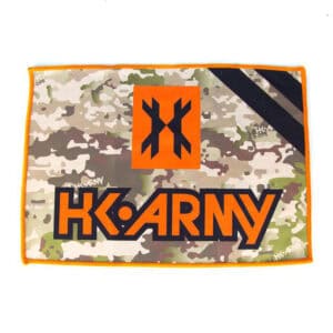 Bright camouflage HK Army paintball jersey patch with bold orange and black logo, perfect for paintball gear customization and team spirit.