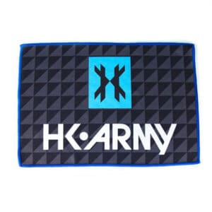 Vibrant HK Army paintball gear patch with geometric black and gray background and blue accents, ideal for paintball enthusiasts and tactical apparel premium paintball products.