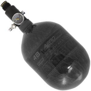 48/3000 AeroLite compressed air tank for paintball, lightweight and durable, ideal for competitive paintball games, with pressure gauge for safety and performance monitoring.
