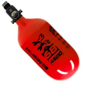 High-pressure air tank for paintball guns, safety-rated 4500 PSI, red color, durable aluminum construction, ideal for paintball players and enthusiasts.
