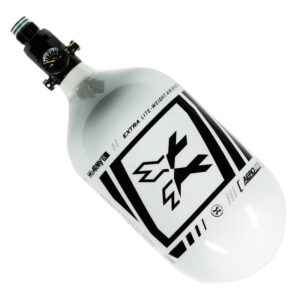 High-pressure paintball air tank for paintball guns, lightweight and durable with optimized air capacity, ideal for premium paintball gameplay and equipment.