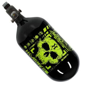 High-pressure paintball air tank with a black and neon green skull design, ideal for paintball accessories and equipment. Durable and reliable for a powerful shot every time.