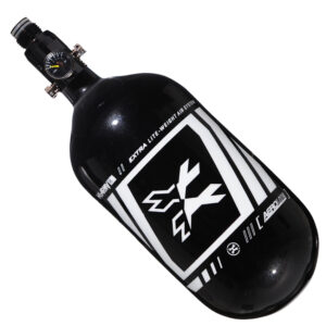 High-pressure paintball air tank with black and white design, durable construction, and extra lightweight system for optimal performance in paintball games.