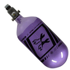 Bright purple compressed air tank for paintball with safety valve and digital pressure gauge, perfect for high-performance paintball games.