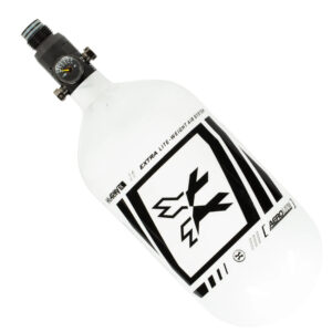 High-pressure paintball air tank with regulator, used for paintball gun filling and gameplay.