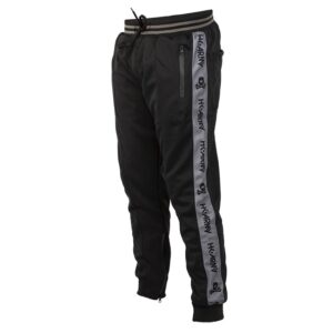 Soft black paintball tactical joggers with zippered pockets and branded H-KARNY side stripe for men’s outdoor sports and paintball matches.