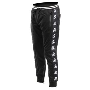 Black paintball joggers with skull and crossbones logo, zipper pockets, and athletic fit for paintball games and active sports.