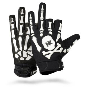 Skeleton-themed paintball gloves with protective padding and grip-enhancing design, ideal for professional paintball players. Perfect for improving safety and performance during intense games.