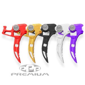 Colorful anodized aluminum paintball launchers in red, yellow, black, white, and purple, designed for premium paintball gameplay and durability.