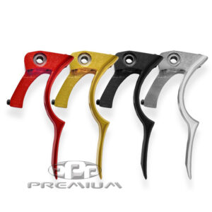 Red, yellow, black, and silver paintball gun triggers made of durable material for premium paintball products. Perfect for enhanced gameplay and comfort with high-quality design.