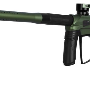 High-efficiency paintball marker with precision barrel and custom green finish, ideal for competitive paintball play and tactical games.