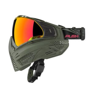 Premium Paintball Mask with tinted visor, adjustable strap, and impact-resistant plastic. Ideal for high-quality paintball gear and safety during competitive paintball games.