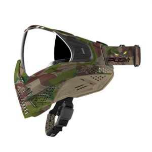 Camouflage paintball mask with dual-lens design and adjustable strap for paintball games and outdoor sports.