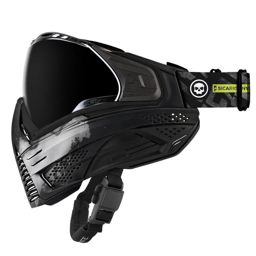 High-quality black paintball mask with ventilation and adjustable strap for tournament paintball shooting.