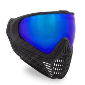 Black and blue paintball mask with reflective lenses, designed for high-performance paintball safety and visibility.