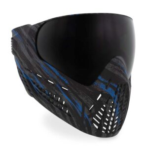 Black paintball mask with mirrored visor and ventilation vents for high-performance paintball games.