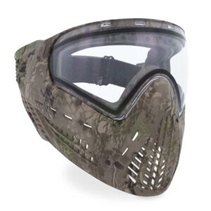 Camouflage paintball mask with tinted visor and breathable ventilation for superior protection and visibility during paintball games. Ideal for serious players seeking quality gear.