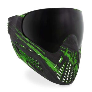 Colorful paintball mask with black and neon green accents, designed for ultimate protection and style in competitive paintball games.