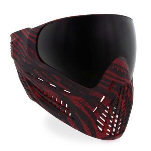High-performance red and black paintball mask with sleek design and full-face protection for safety during paintball games.