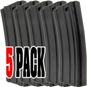 Black paintball hopper magazine, 5-pack, high-capacity paintball loader accessory, compatible with paintball markers, durable and reliable for competitive paintball gameplay.