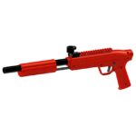 Red paintball gun with scope, ideal for premium paintball products and accessories, featuring high performance and durability for competitive play.