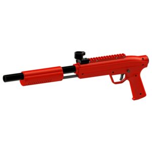Red paintball gun with scope, ideal for premium paintball products and accessories, featuring high performance and durability for competitive play.