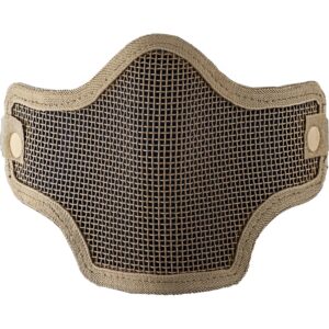 AI image prompt: A tactical paintball face mask with a beige strap and mesh front for protection and breathability, perfect for airsoft and paintball sports, available at Premium Paintball Products.