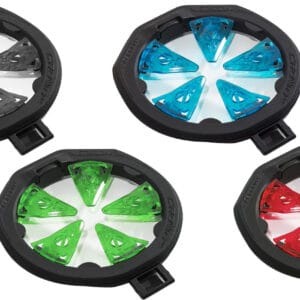 Black and neon paintball barrel covers with bright colored tips in blue, green, red, and black, designed for reliable paintball marker safety and customization.