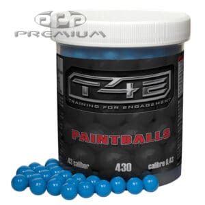 Blue paintball rounds in container for tactical training and gameplay, premium paintball products, high-quality .43 caliber paintballs for paintball sport, durable paintball ammunition, optimal for competitive paintball games, precision-painted blue paintballs for accuracy.