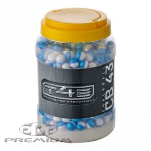 Small paintball container with white and blue paintballs, labeled "CHALKBALL 43" from Premium Paintball Products, ideal for competitive paintball games.