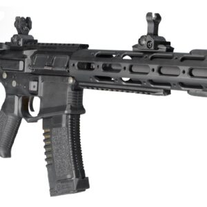 Black tactical paintball gun with adjustable sights and ergonomic grip, ideal for professional paintball matches and outdoor sporting events.