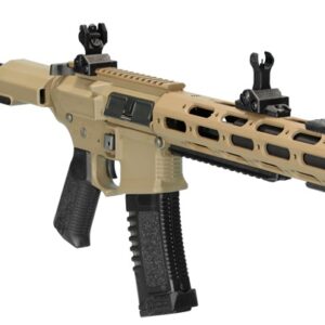 Precision tan paintball gun with tactical rails, adjustable sights, and ergonomic design perfect for competitive paintball gameplay.