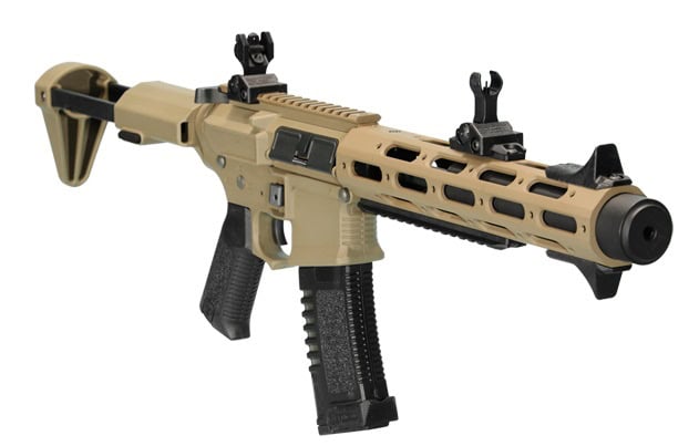 Precision tan paintball gun with tactical rails, adjustable sights, and ergonomic design perfect for competitive paintball gameplay.