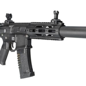 High-performance paintball marker with a silencer attachment, designed for tactical gameplay, featuring customizable rails and durable construction for competitive paintball battles.