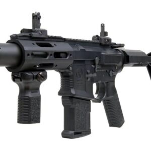 Black tactical paintball marker with high-performance design for competitive play and durability in paintball sports.