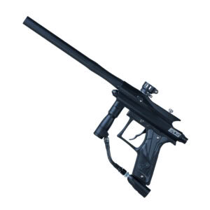 High-performance paintball marker with long barrel and air tank for competitive paintball shooting.