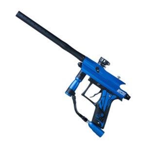 Blue paintball marker with long barrel and digital trigger for competitive paintball shooting.