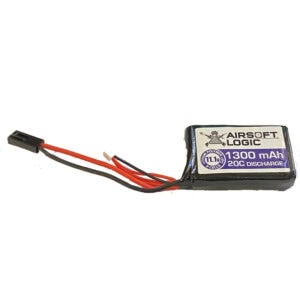 1300mAh airsoft battery pack with wires and connector for paintball guns and airsoft equipment.