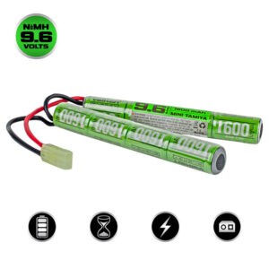 High-capacity NiMH 9.6V rechargeable paintball battery pack for enhanced performance, compatible with various paintball markers, featuring fast charging, durable design, and reliable power supply for intense gameplay.
