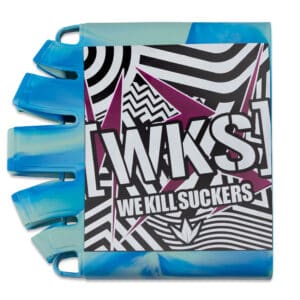 Blue paintball hopper with graffiti-style design and "We Kill Suckers" text, ideal for premium paintball products and equipment.