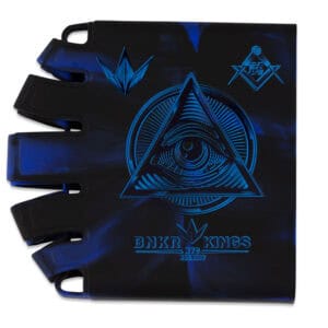 High-quality black paintball glove with blue neon graphics, eye-catching design, and comfortable fit for paintball enthusiasts seeking premium gear.