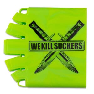 A neon yellow paintball gear holder with black "WE KILL SUCKERS" text and crossed paintball markers graphic, designed for paintball enthusiasts and sports players.
