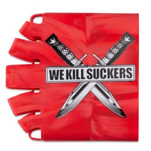 Bright red paintball bunker with black and white graphic design, featuring crossed knives and the slogan "We Kill Suckers" for intense paintball games.