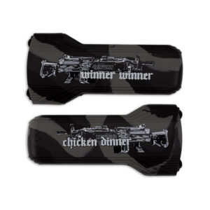 Gun-shaped paintball pod holders with "winner winner" and "chicken dinner" text in black and white design for premium paintball products.