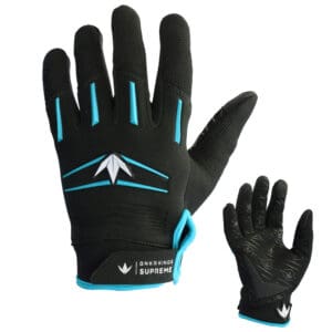 Black and blue premium paintball gloves with moisture-wicking material, flexible design, and superior grip for enhanced performance during gameplay.