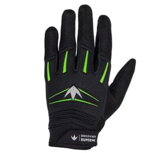 High-performance black paintball glove with green accents and durable grip for competitive paintball games.