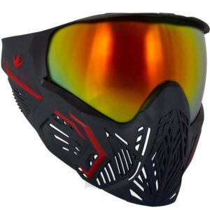 High-performance paintball mask with mirrored lens for visibility and protection, ideal for professional paintball games and tournaments.