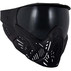 Black paintball mask with tinted visor for protective sports gear and enhanced visibility in paintball games.