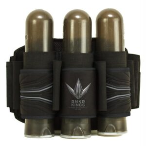 Heavy-duty paintball tank holder with three compressed air tanks, black adjustable strap, and BNKR Kings logo, designed for easy transport and quick access during paintball games.