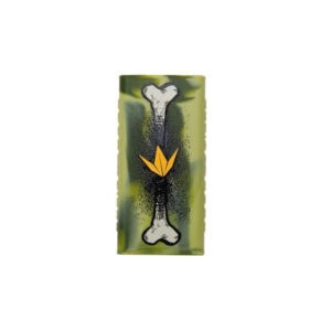 Bone-shaped paintball hopper with yellow flame logo on green background.
